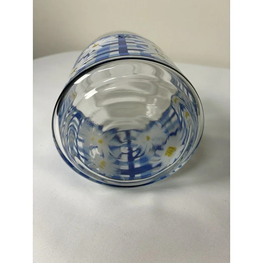 Vintage 70s Style Storage Jar Daisies With Blue Plaid 7” Tall Cottagecore